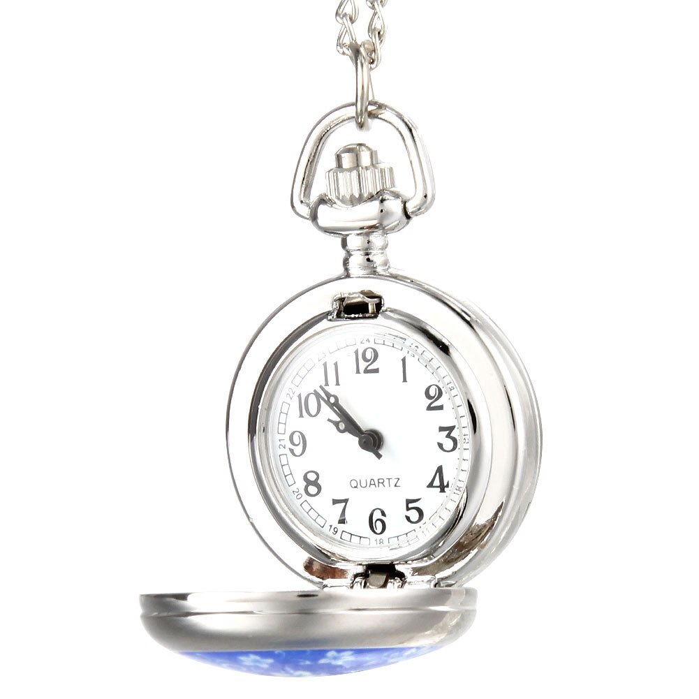Vintage dames zakhorloge met legering, blauwe bloemenpatroon, damestrui, ketting, hanger, klok, tt@ 8