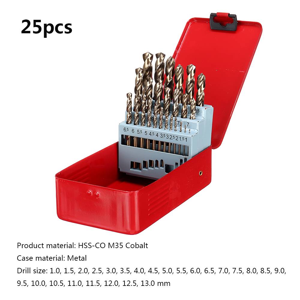 Drillpro 13/19/25pcs M35 Cobalt Drill Bit Set HSS-Co Jobber Length Twist Drill Bits With Metal Case For Stainless Steel Wood: 25pcs