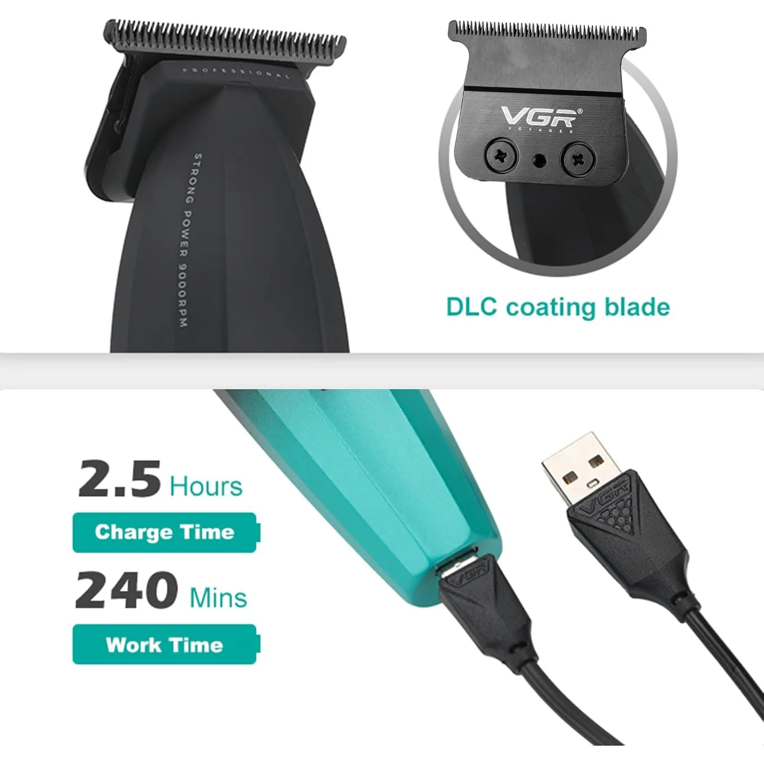 Vgr 003 906 profissional fade máquina de cortar cabelo sem fio aparadores para homens conjunto carga usb display led kit corte cabelo