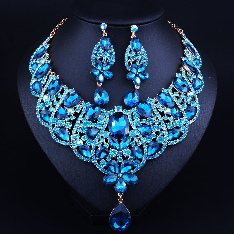 4 Colors Statement Flower Inlay Oval Colorful Crystal Bridal Jewelry Geometric Bending Necklace Earrings Rhinestone Jewelry Set