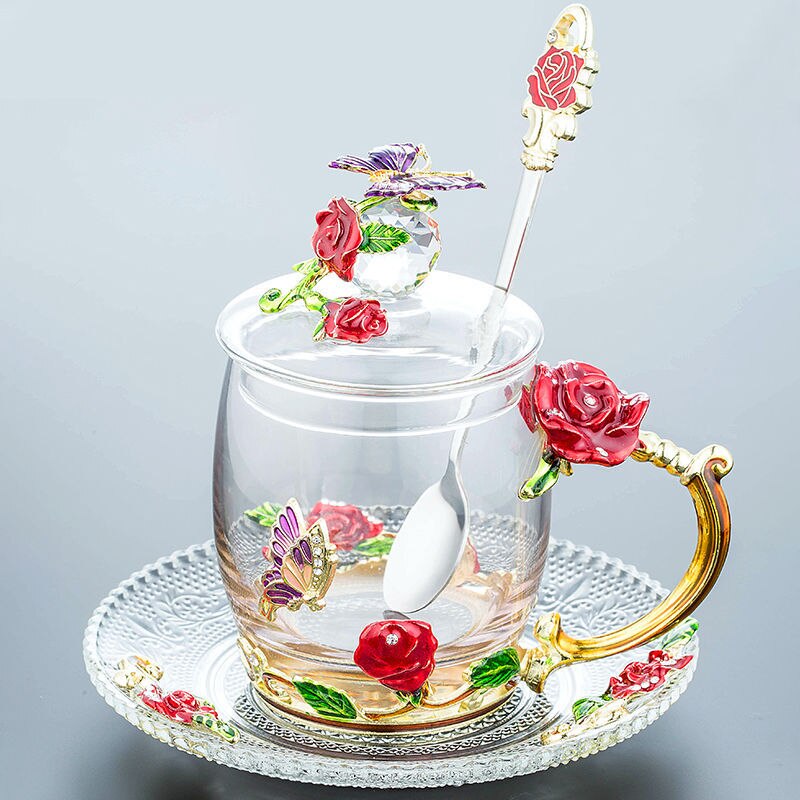 Enamel Water Cup Glass Cup Household Set Flower Tea Crystal Coffee Mug Beer Mug with Handle Wedding Tableware: N