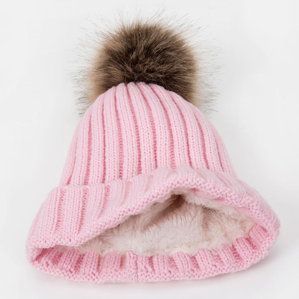 Women's Winter Hats Knit Plus Velvet Warm Beanie Hat Ladies Solid Color Pom-pom Hat Clothing Accessories