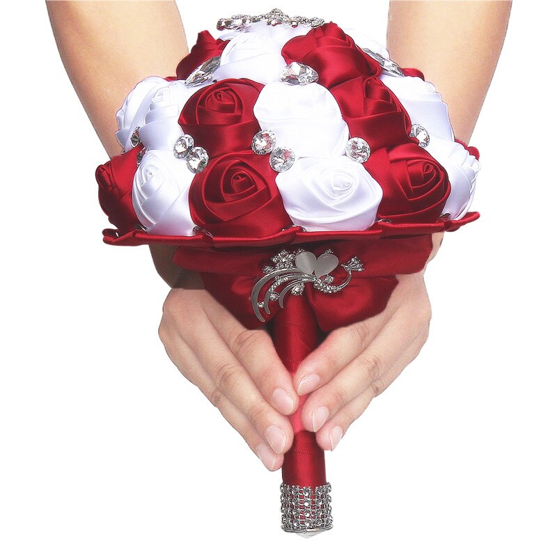 Borgoña cinta de seda blanca rosa con flores artificiales de espuma flores de boda ramos de novia ramo de dama de honor W291