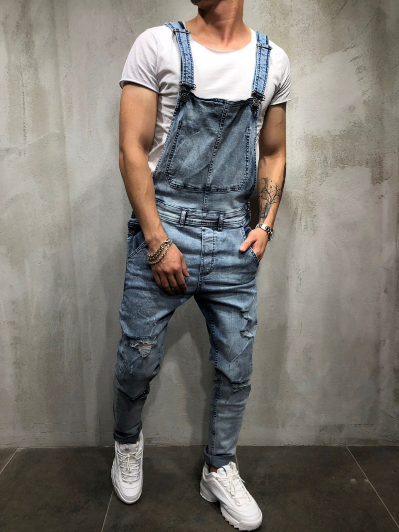 Män ripped cargo jeans jumpsuits distressed jeans haklappsbyxor overall man slim knä ripped hängselbyxor plus size s-xxxl