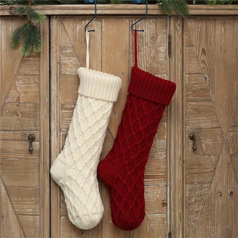 Red White Christmas Sock Christmas Knitted Stockings Decor Festival Bag Fireplace Xmas Tree Hanging Ornaments Decor