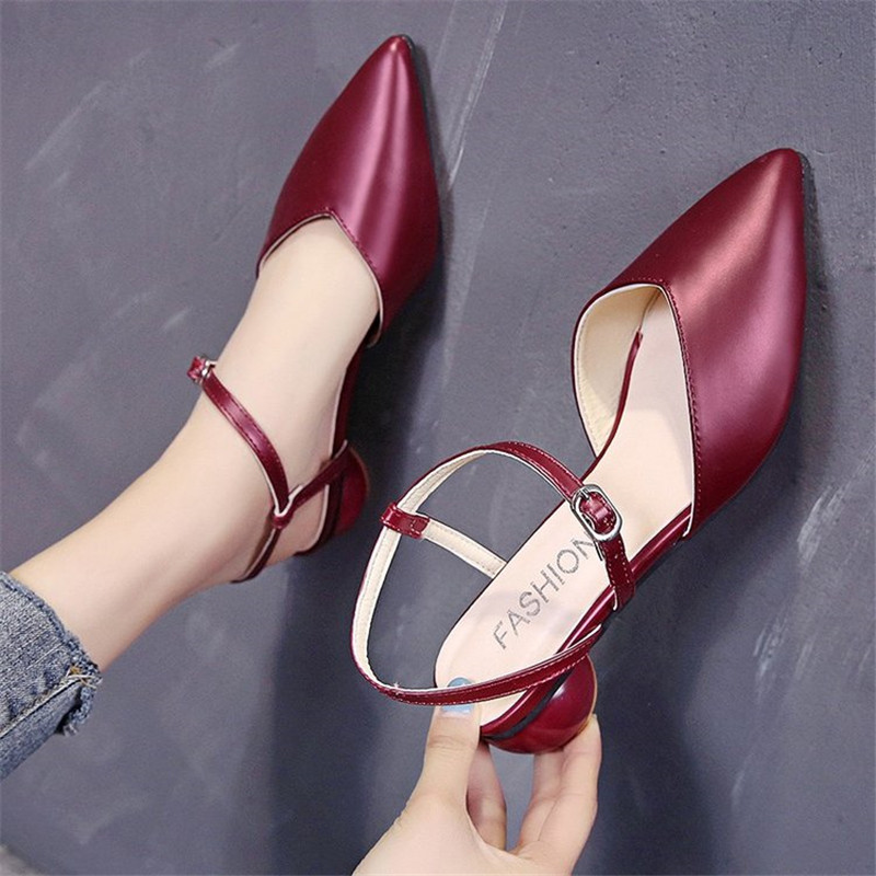 Leren puntige sandalen dames lente zomer schoenen dames gesp band ronde hak pumps ribband feest dames schoenen