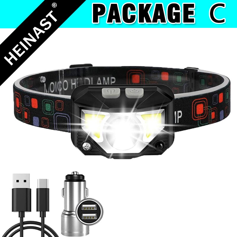 COB LED Headlamp USB Rechargeable Head Lamp with Built-in Battery Motion Sensor Inductive Headlight Multi-Mode Camping Light: C Packing