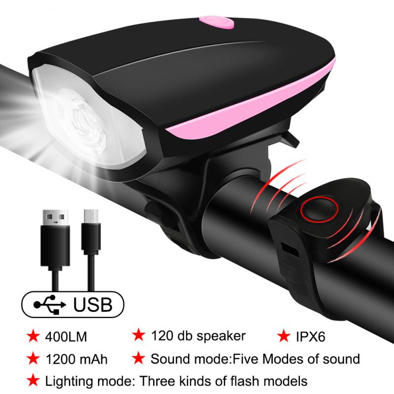 Bicycle Light Front Rechargeable 120db Bike Horn Light MTB Headlight Bicycle Lantern Cycling LED Flashlight Bike Accessories: pink horn light