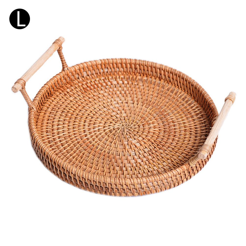 Praktisk rattanbakke med håndtag håndvævet multifunktions fletbakke med slidstærk rattanfiber rund til morgenmadsdrinksnack: L