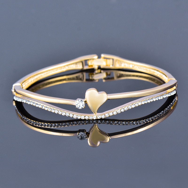 SINLEERY Romantic Rhinestone Heart Bangle For Women Rose Gold Silver Color Wedding Bracelets Jewelry SL490 SSF: yellow gold plated