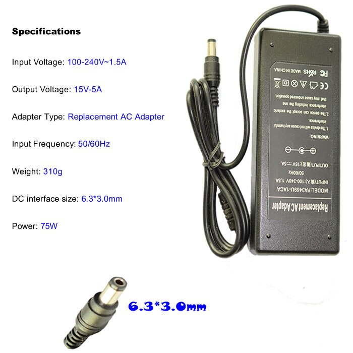 15V 5A 6.3*3.0MM 75W Replacement For Toshiba PA3201U-1ACA PA3083U-1ACA PA3283U-1ACA PA2301U-1ACA Laptop AC Charger Power Adapter