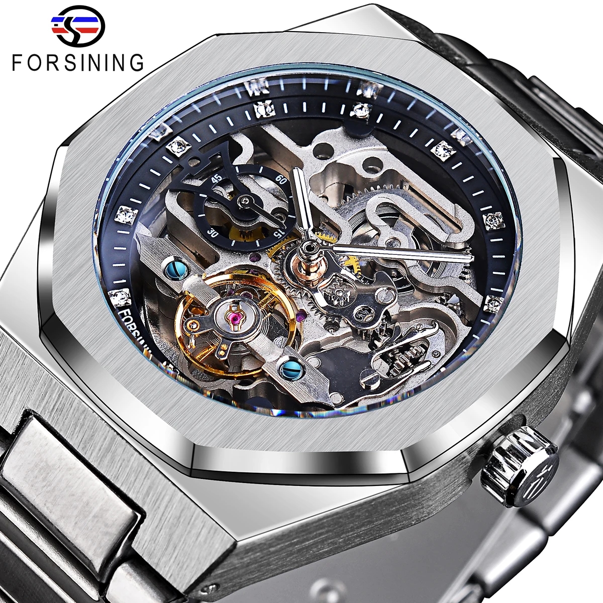 Forsining Lässige automatische mechanische Uhr für Herren, leuchtende Zeiger, Edelstahlarmband, modische Luxus-Skelett-Herrenuhren