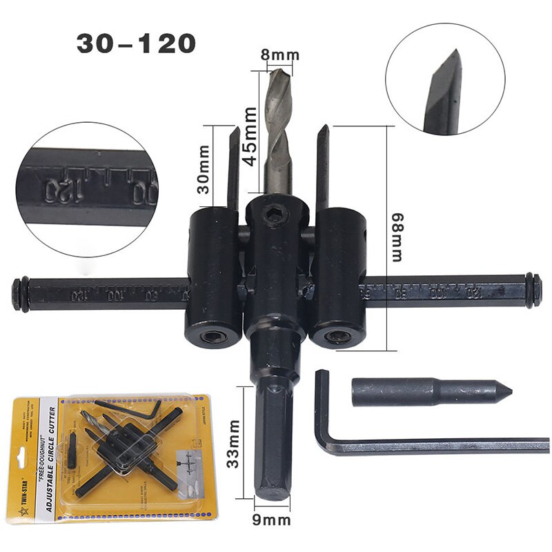 ZK30 30-120/200/300mm Adjustable Circle Hole Cutter Wood Drywall Drill Bit Saw Round Cutting Blade Aircraft Type DIY Tool: 30-120