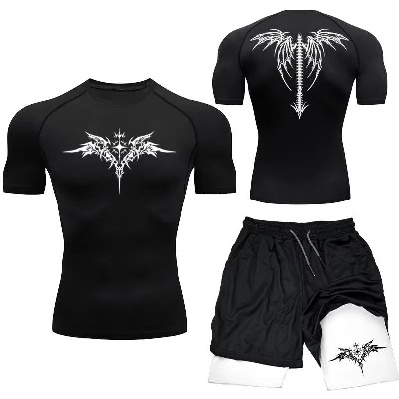 Mma boxningsset sportkläder för män snabbtorkande gymshorts t-shirt löpning träningstight sport rashguard 2 delar dräkt: Xl / Svart
