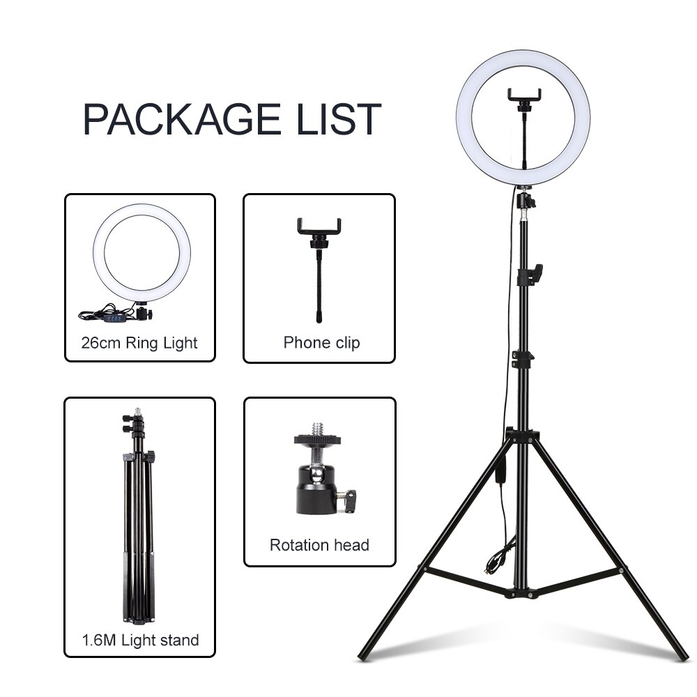 LED Makeup Light Ring 5500K Dimmable Photographic Lighting With Tripod Stand LED Lamps Selfie Phone Ring Light For Video Camera: 10 inch 1.6cm set 1