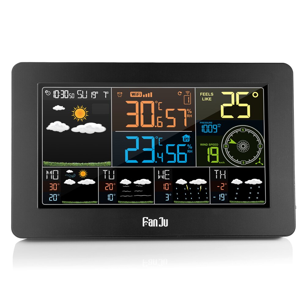 Fanju  w4 wifi klokke fuktighet trykk værmelding digital vekkerklokke temperatur med trådløs sensor