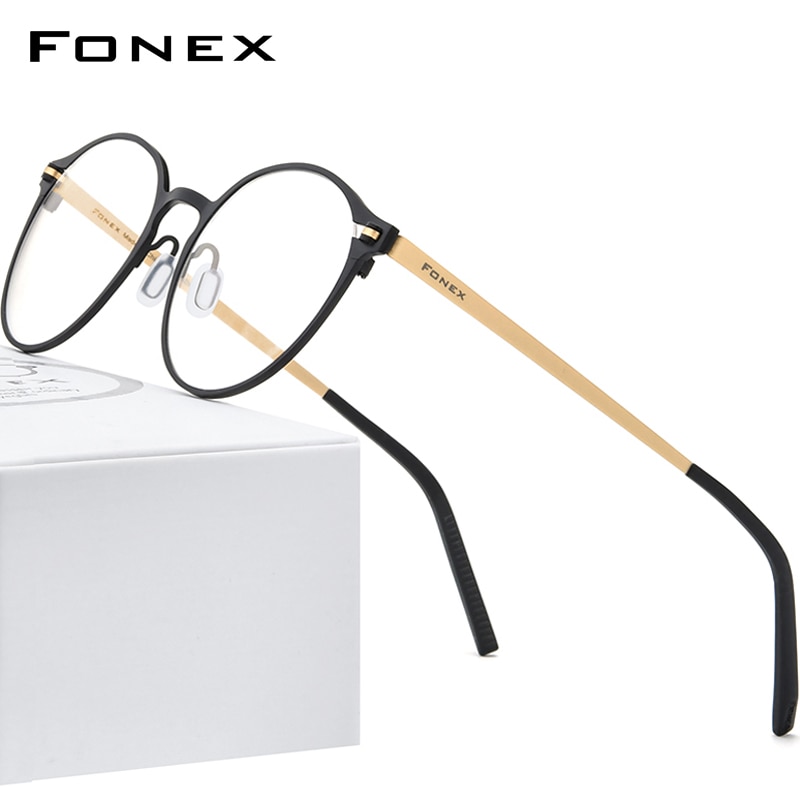 FONEX Pure Titanium Glasses Frame Women Retro Round Prescription Eyeglasses Men Antiskid Optical Screwless Eyewear 8530: Gold