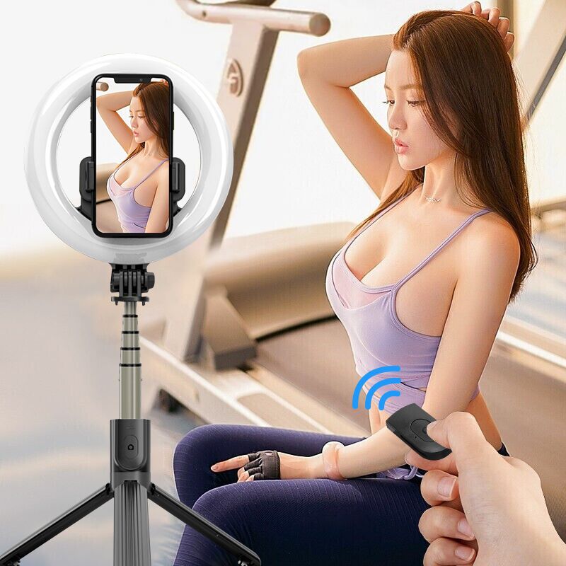 RUZSJ 4 in 1 Selfie LED Ring Light Wireless Bluetooth Selfie Stick Mini treppiedi palmare allungabile Selfie Stick con telecomando