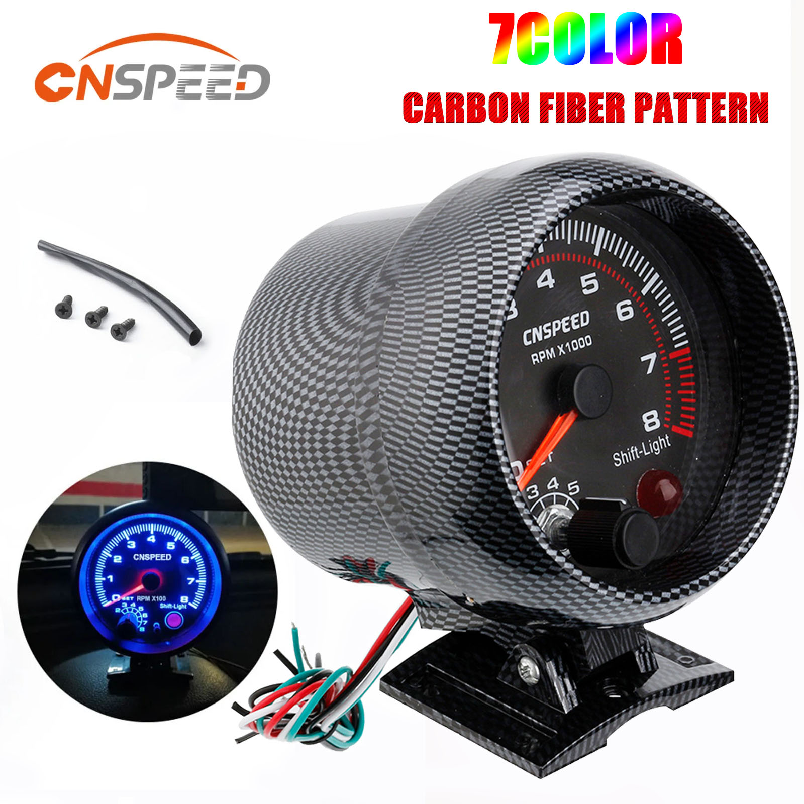 CNSPEED 12V Tachometer Gauge 3.75'' Car Universal Black Tachometer Gauge 7color Inter Shift Light 0-8000 RPM Fit 4 6 8 Cylinder