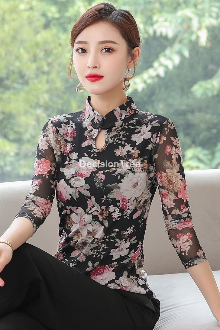 2022 satin silk china shirts cheongsam style traditional chinese clothing for women flower print qipao tops chinese qipao blouse