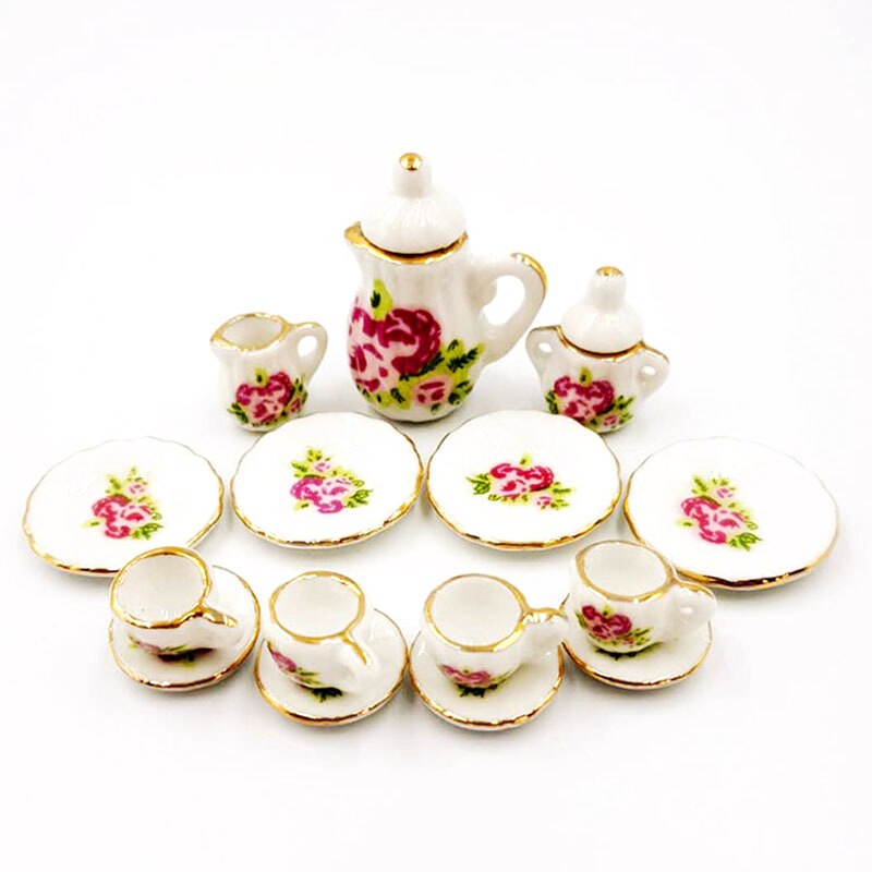 15pcs 1:12 Mini Porcelain Tea Cup Set China Flower Tableware Kitchen Doll House Scene Model Play House Toys: D