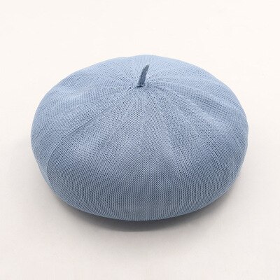 Simple light version 18-color women's beret hat spring and summer thin linen texture painter hat girl beanie hat: sky blue