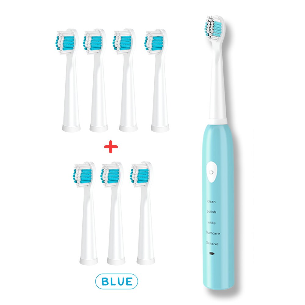 Brosse à dents électrique sonique puissante Ultra sonique USB Charge brosses à dents rechargeables brosse à dents de blanchiment électronique lavable: Blue-brushhead-8