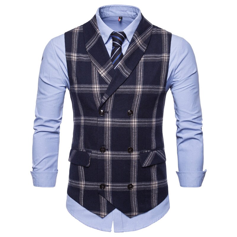 Ffxzsj klassisk rutete dressvest herre slank passe dobbelspent Vest Vest herre virksomhet bryllup røyking Vest gilet homme: Marinen / 4xl