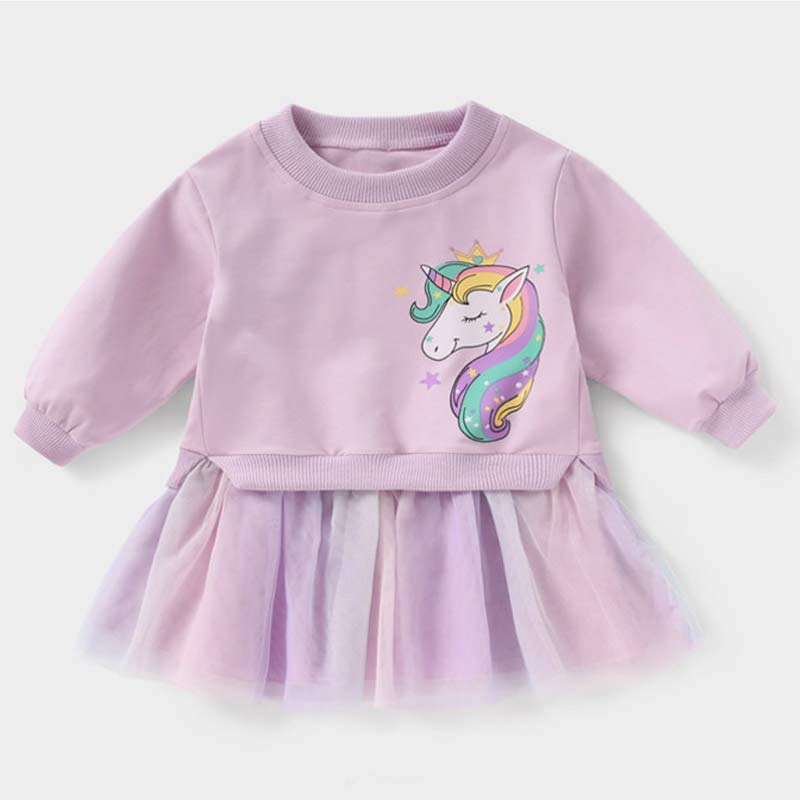 Menoea Meisje Lente Cartoon Jurk 2022 Herfst Stijl Leuke Vestido Volledige Mouw Eenhoorn Patchwork Kids Mesh Jurken Prinses Kleding: AZ2377Purple / 5