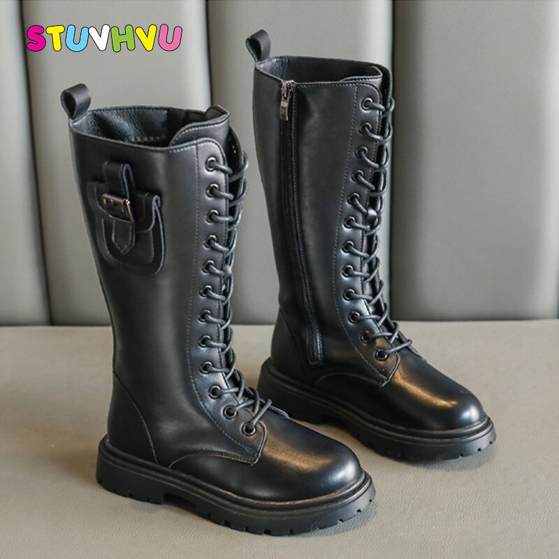 Winter Girls Boots Leather Lace Up Zipper Children High Boots Plus Velvet Warm Kids Boot Little Girls Shoes Black Slip