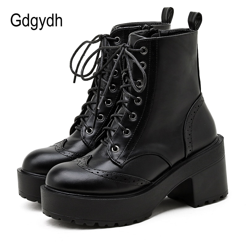 Gdgydh Chunky Heel Ankle Boots For Women Platform Solid Black Ladies Shoes Fashon Sewing Fretwork Female Motorcycle Boots