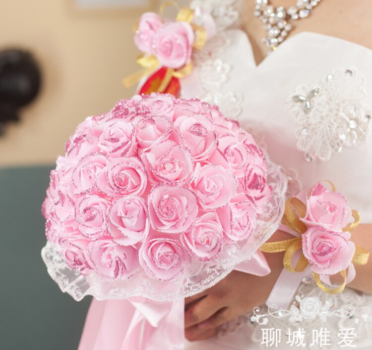 Mooie Paars Bruidsboeket Handgemaakte Bridal Bloem Bruidsboeketten Kunstmatige Parels Bloem Roos Boeket roze paars wit