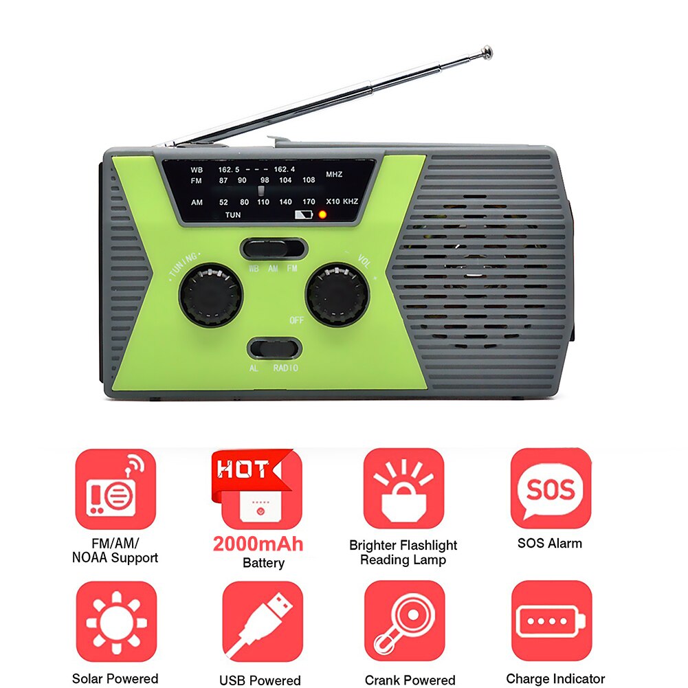 10000mAh Solar Hand Crank Radio AM/FM/NOAA Dual Speaker Stereo SOS Alarm LED Torch Flashlight Emergency Alert Power Bank: Green US 2000mah