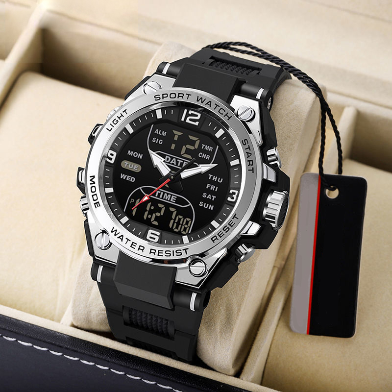 Reloj de pulsera de para hombre, reloj deportivo juvenil multifuncional de , reloj electrónico de doble pantalla: Plata