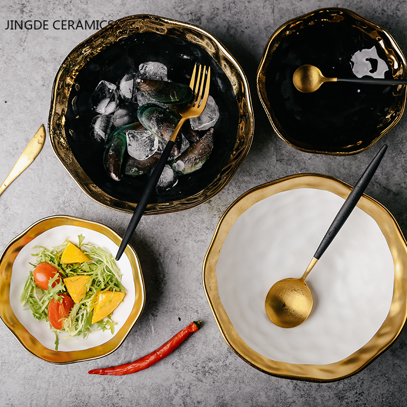 Nordic Ceramic Bowl White Black Gold Side Bowl Household Large Personality Xin Ramen Udon Noodles Korean Bibimbap Salad Bowl