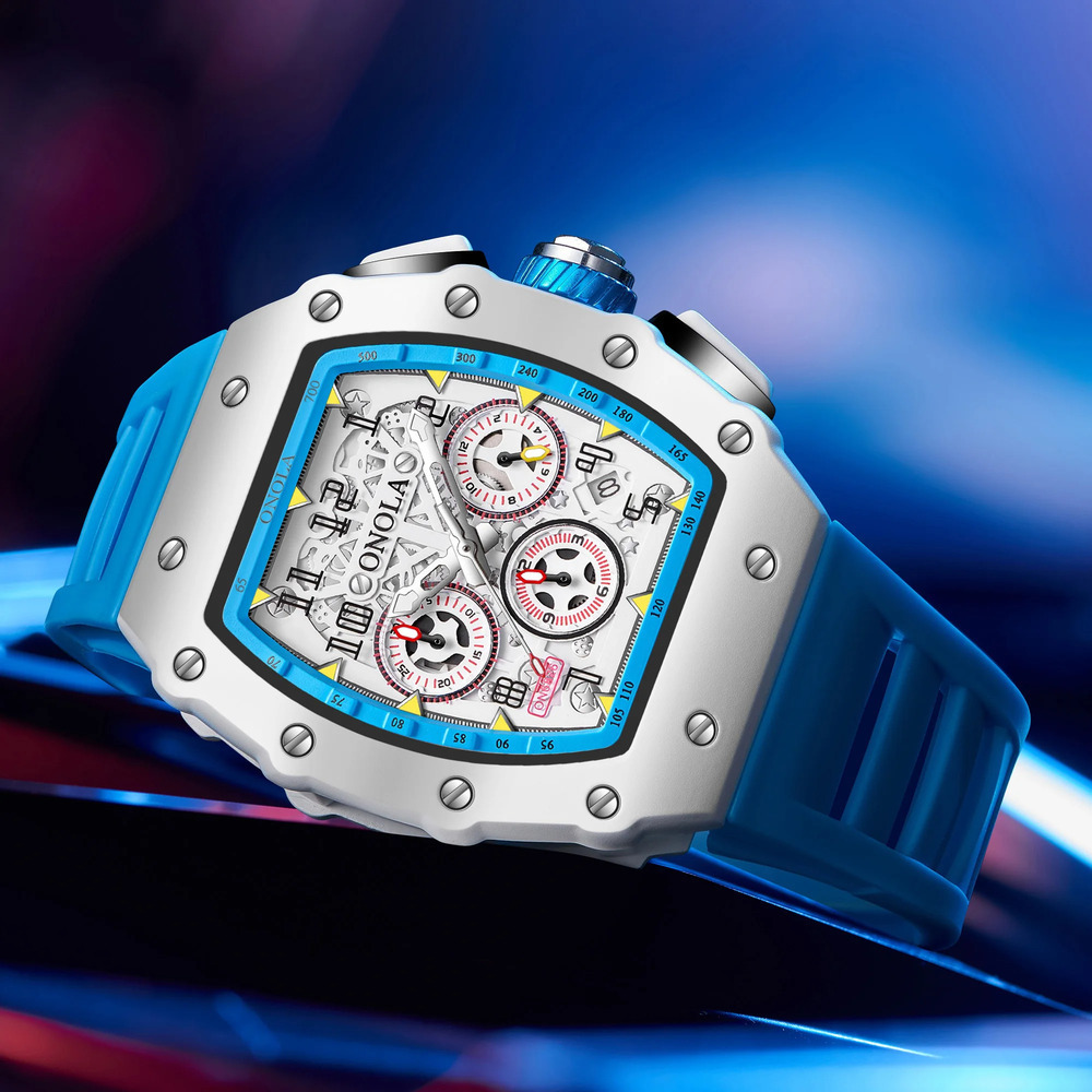 ONOLA Uhren für Herren, modisch, lässig, Tonneau, multifunktional, weiches Silikonarmband, wasserdicht, weiße Quarz-Herrenuhr, Reloj Hombre