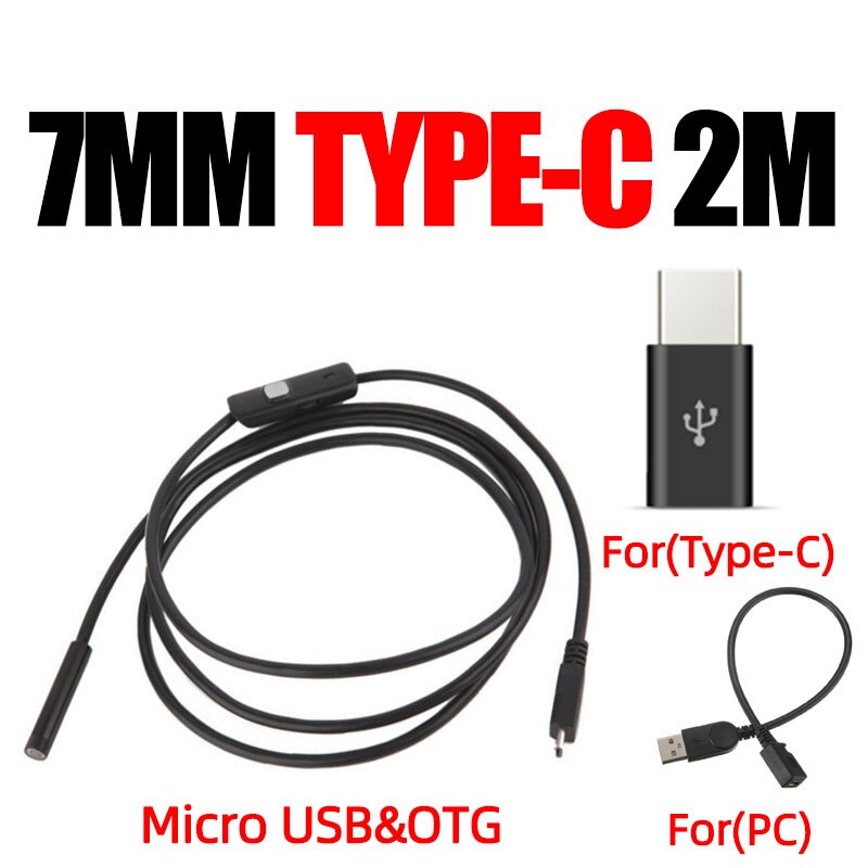 Endoskop til android telefon type c endoskopisk led  ip67 inspektionskamera endoskop smartphone til biler endoskop type c fleksibel: Type  c 7mm 2m