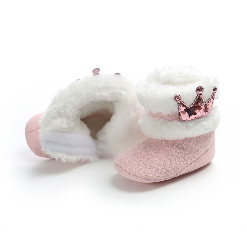 Vinter varm nyfødte baby piger sne støvler prinsesse paillet krone kashmir plys krybbe sko toddler spædbarn børn bløde lodne støvler
