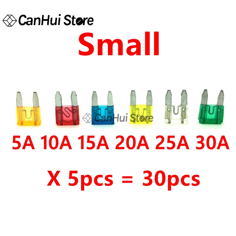 30 Uds 5A10A15A20A25A30A x 5 uds M2/Mini/pequeño/mediano juego de fusibles de coche Mini fusible de hoja estándar mixto para Auto camión barco automotriz: Plata