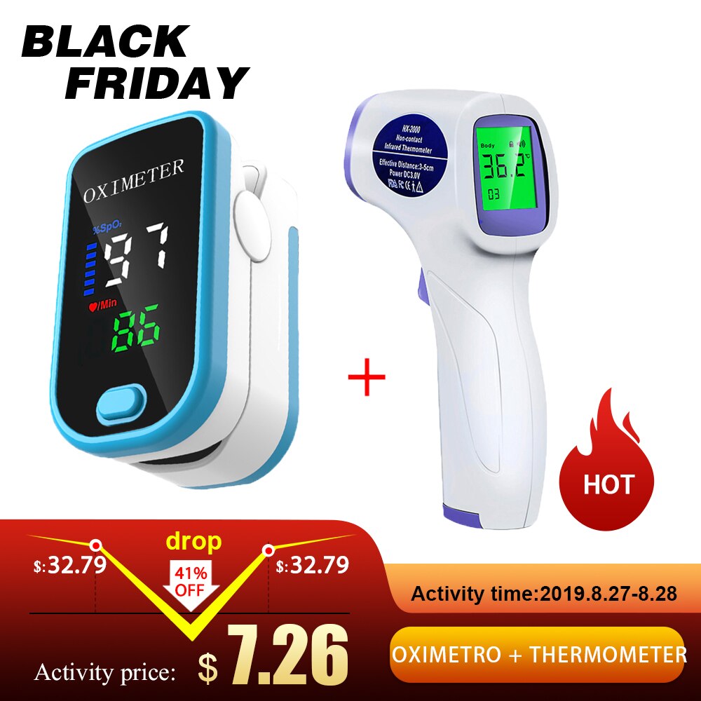 Portable Blood Oxygen Finger Pulse Digital Fingertip Oximeter Oxygen Saturation Meter Finger Monitor Oximetro + thermometer