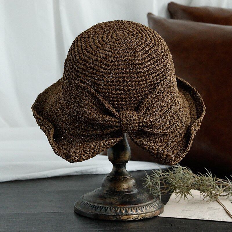 Zonnehoed Vrouwelijke Zomer Zonnehoed Grote Rand Strooien Hoed Dames Outdoor Bescherming Zonnehoed Bassin Hoed Boog Hoed Visser zomer En Herfst: Dark Brown