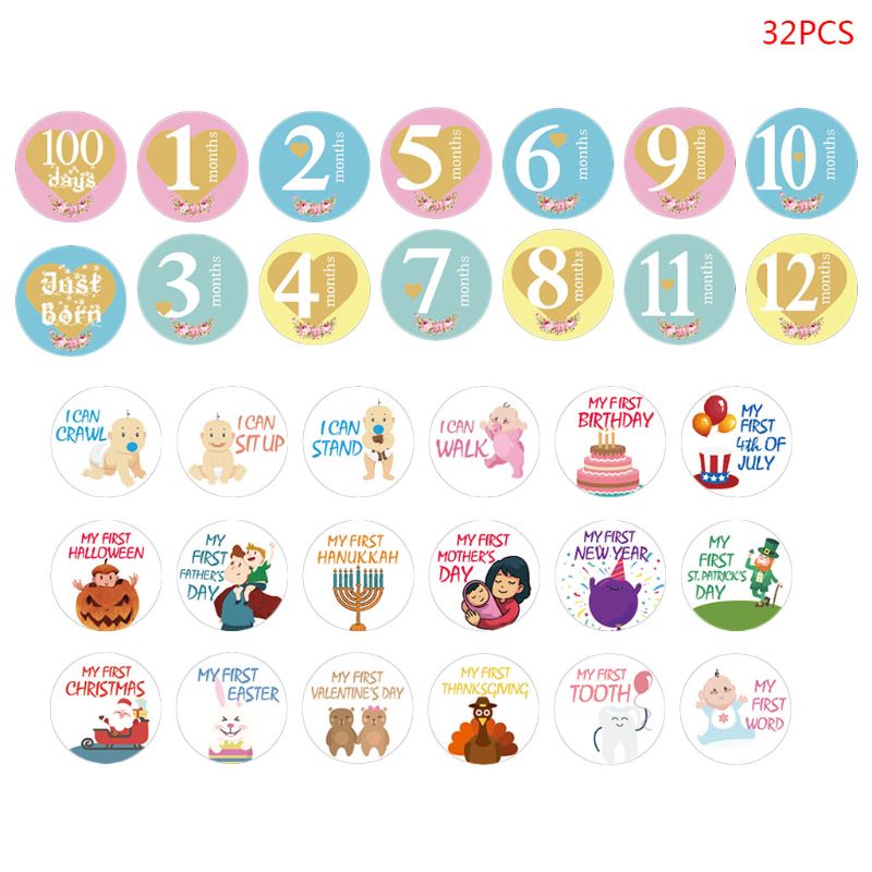 32 PCS Baby Monthly Photograph Sticker Cute Cartoon Infant Milestone Sticker 1-12 Month Scrapbook Photo Album Photo Prop