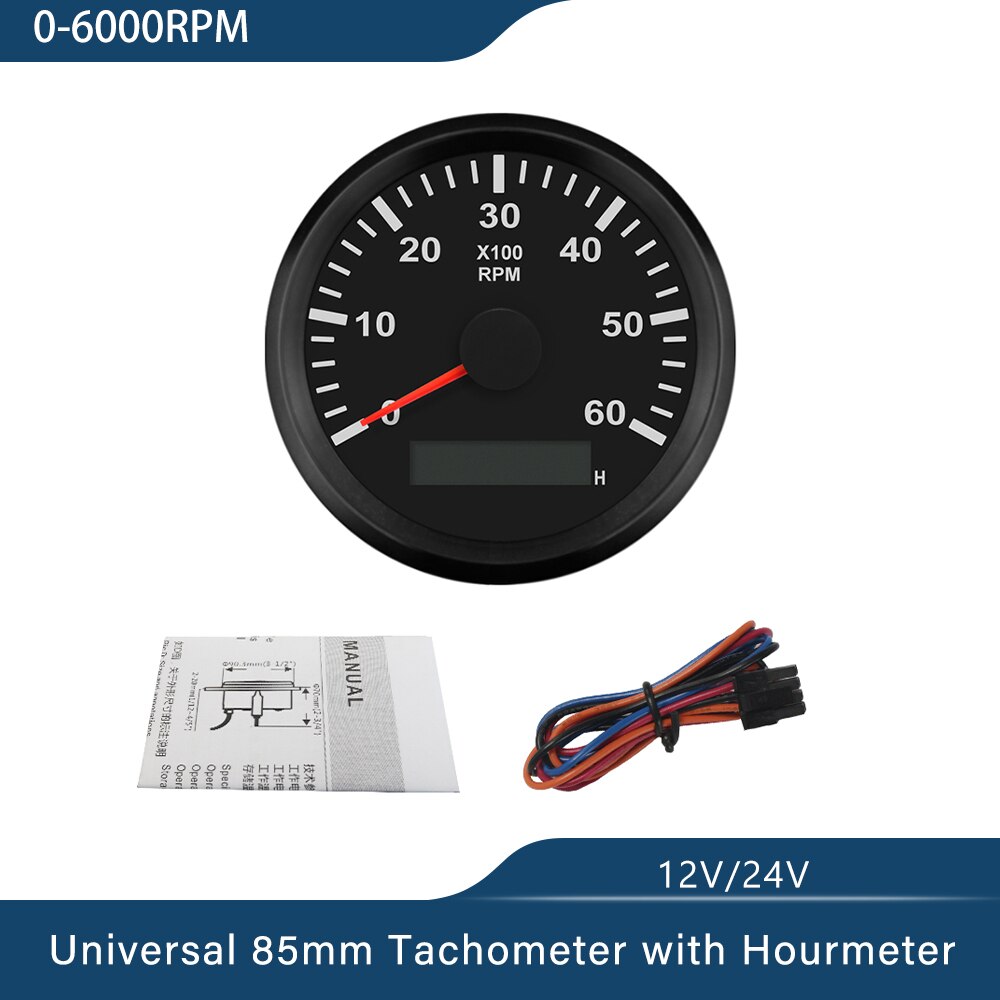 85mm Tachometer RPM REV Counter 3K 4K 6K 7K 8K RPM with LED Hourmeter Car Truck Boat Universal Outboard Red Backlight: 6K-BN