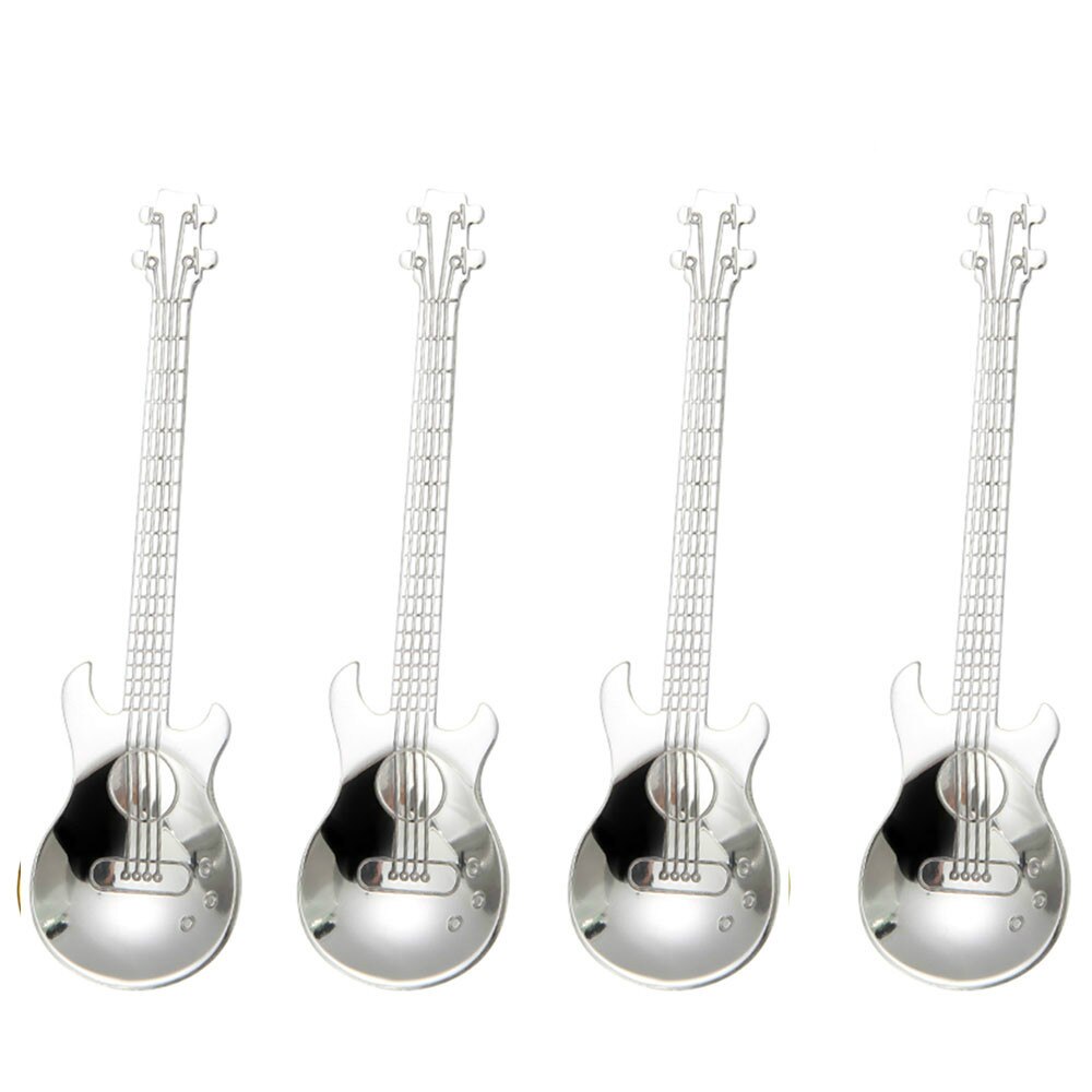7PCS/4PCS stainless steel guitar Beth music Coffee Spoons Tea Stirring Spoons Sugar Ice Cream Mug Dessert Spoon Drink Tableware: 4pcs Silver