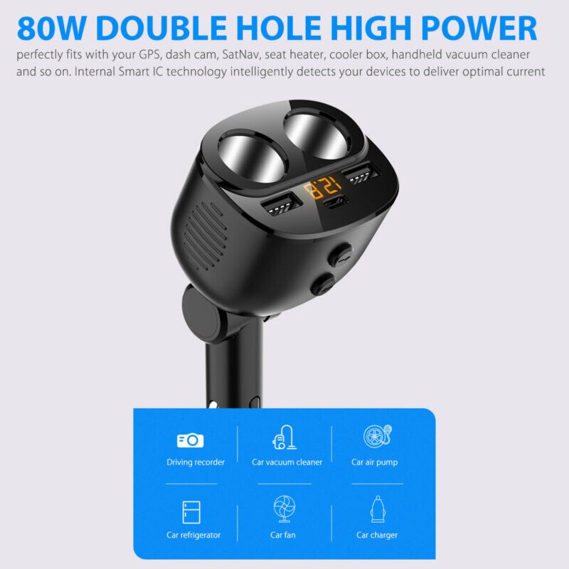 2 Way Car Cigar Lighter Socket Splitter Dual USB + Type-C 12V Power Adapter Made Of Material