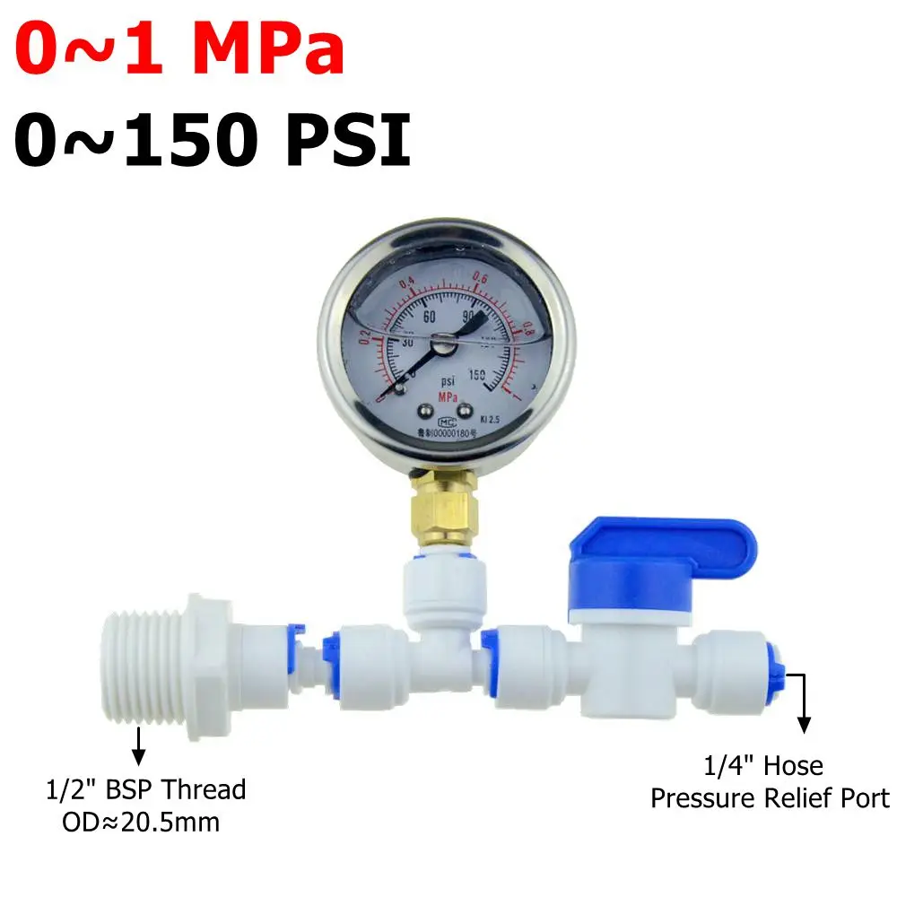 0-1MPa 150PSI RO Water Pressure Gauge Household Tap Water Purifier Test Pressure Relief Gage Regulator 1/4 Pipe Hose 1/2 Thread: Blue