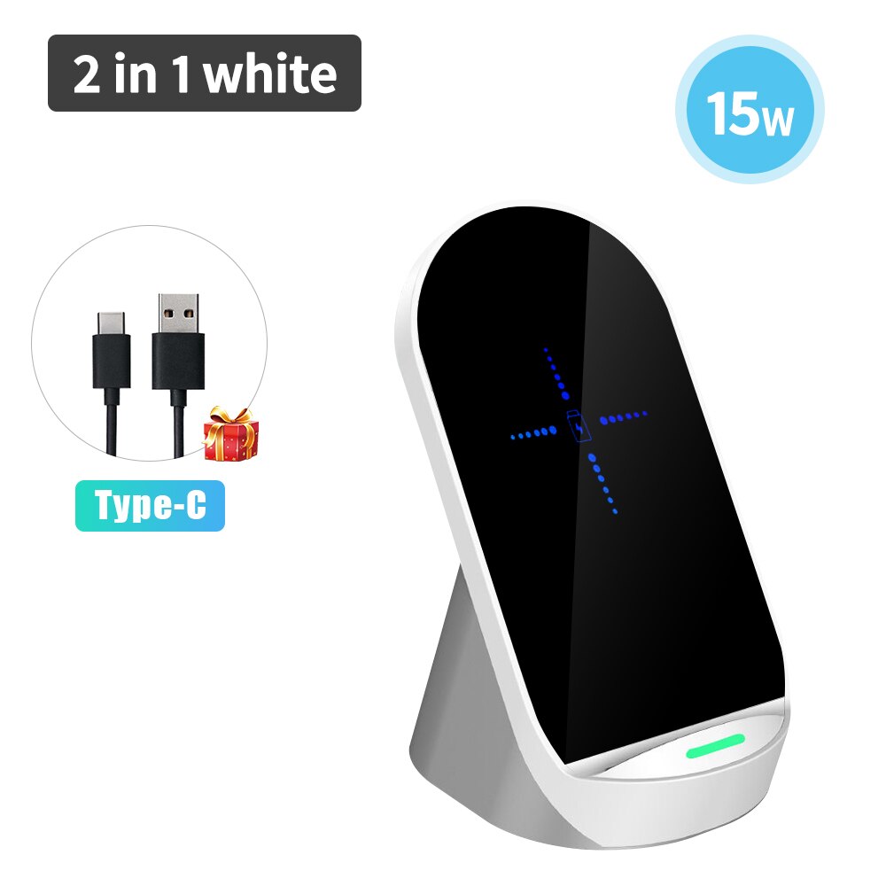 3 in 1 15w Qi Quick Wireless Charger Stand Dock For Apple Watch AirPods iPhone Samsung Xiaomi Phone Fast Induction Charging: 2 in 1 White