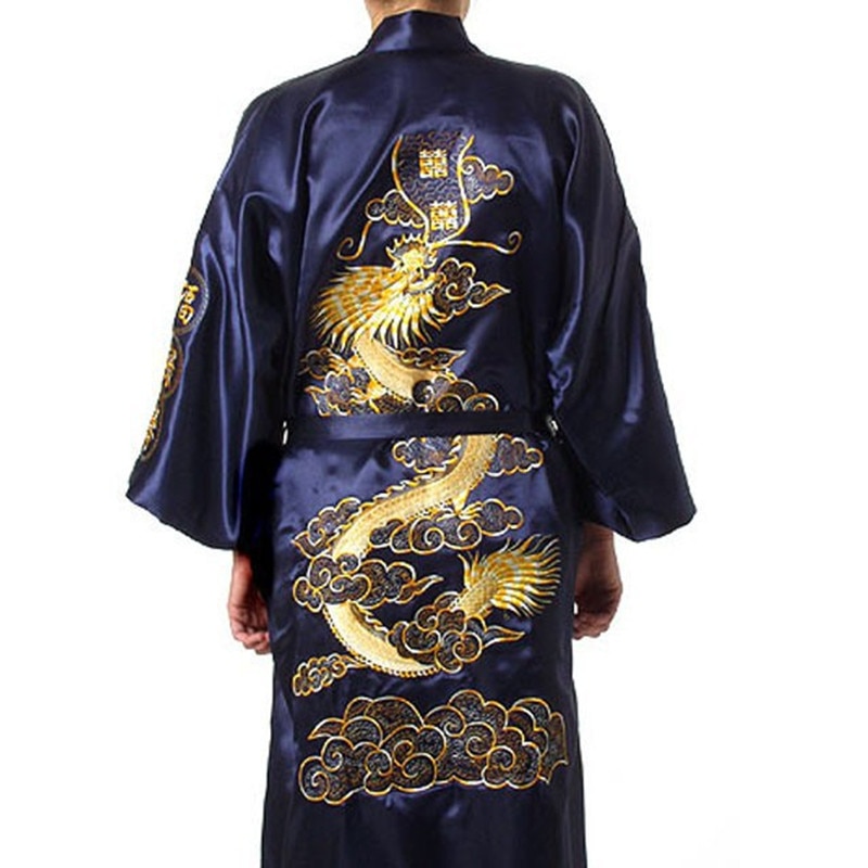 Marineblaue chinesische Herren-Kleid aus Satin- und Seide, Stickerei, Kimono-Badekleid, Drachengröße S, M, L, XL, XXL, XXXL, S0008