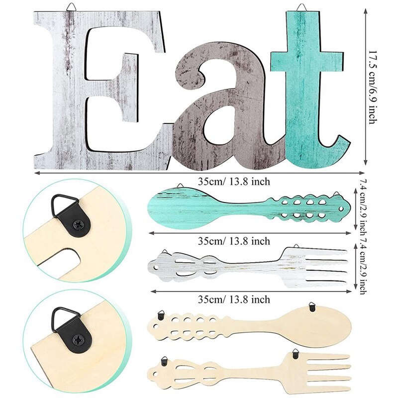 Set Of EAT Sign, Fork And Spoon Wall Decor, Cute Eat Letters For Kitchen And Home, Decorative Hanging Wooden Letters