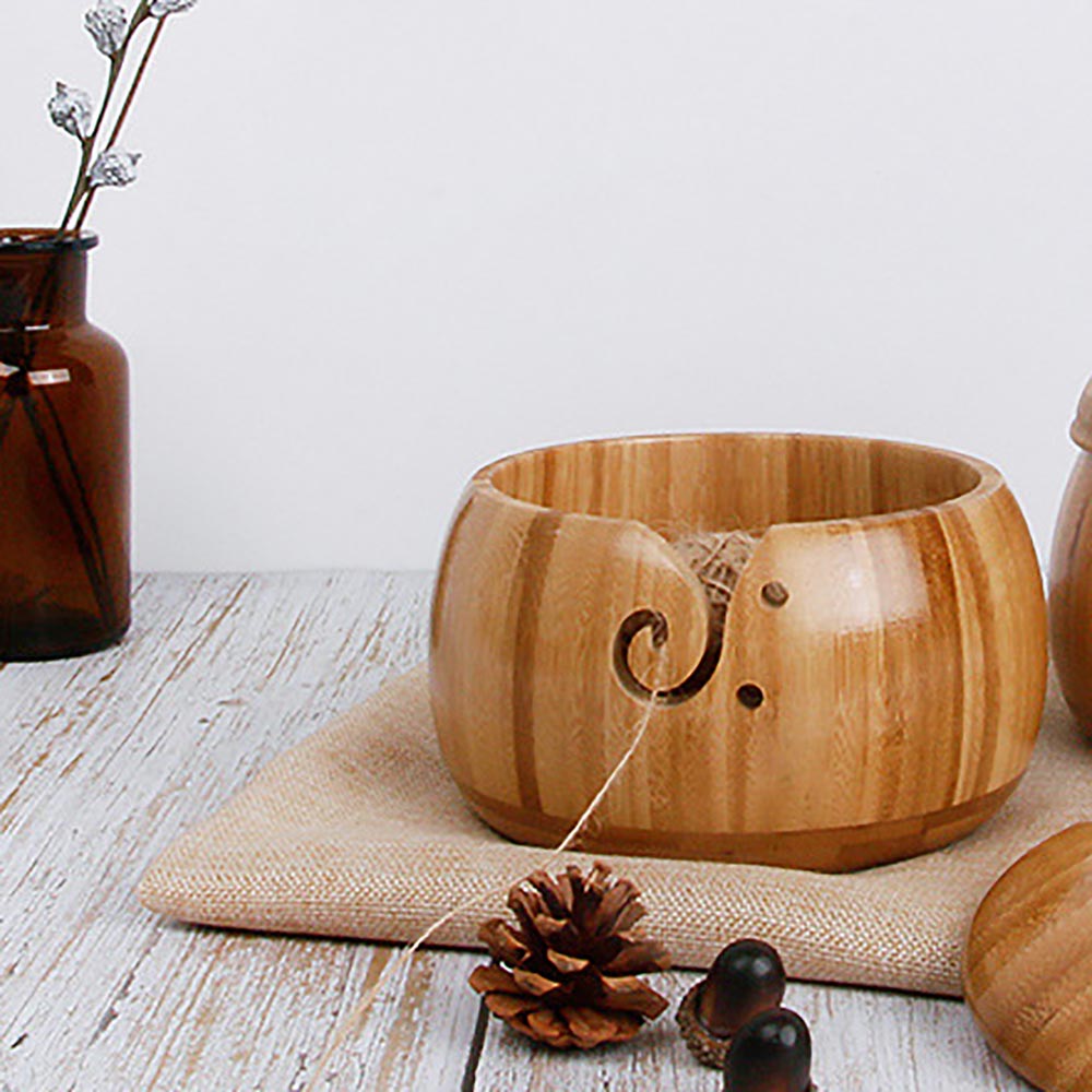 Bol de rangement en fil de bois naturel, organisateur de bol en laine tricotée crochet, bol de rangement en bambou, fournitures de couture tricots faits à la main à la maison